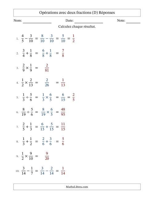 Opérations avec deux fractions propres avec dénominateurs similaires, résultats sous fractions propres et quelque simplification (Remplissable) (D) page 2