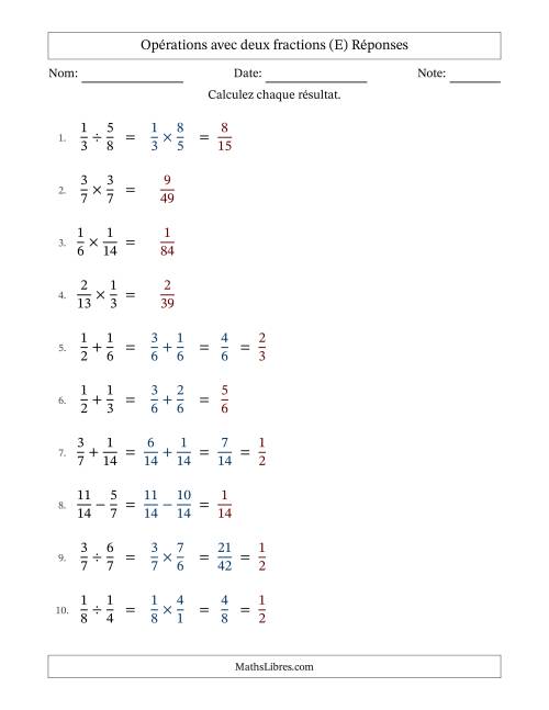 Opérations avec deux fractions propres avec dénominateurs similaires, résultats sous fractions propres et quelque simplification (Remplissable) (E) page 2