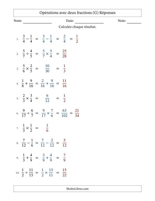 Opérations avec deux fractions propres avec dénominateurs similaires, résultats sous fractions propres et quelque simplification (Remplissable) (G) page 2