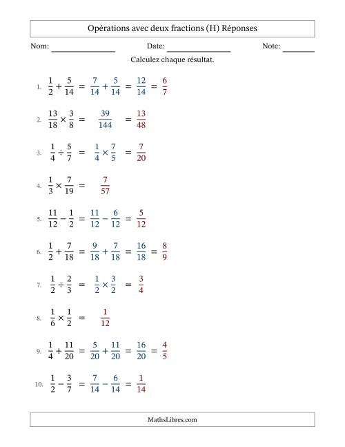 Opérations avec deux fractions propres avec dénominateurs similaires, résultats sous fractions propres et quelque simplification (Remplissable) (H) page 2