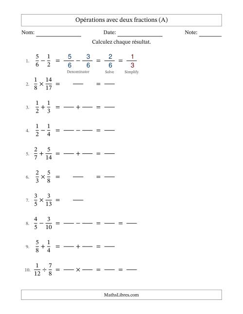 Opérations avec deux fractions propres avec dénominateurs similaires, résultats sous fractions propres et quelque simplification (Remplissable) (Tout)