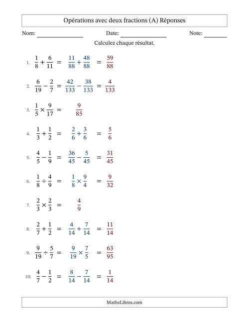Opérations avec deux fractions propres avec dénominateurs différents, résultats sous fractions propres et sans simplification (Remplissable) (A) page 2