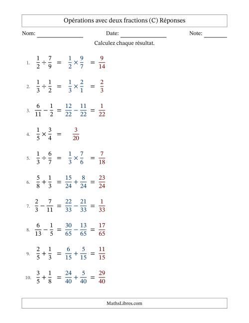 Opérations avec deux fractions propres avec dénominateurs différents, résultats sous fractions propres et sans simplification (Remplissable) (C) page 2