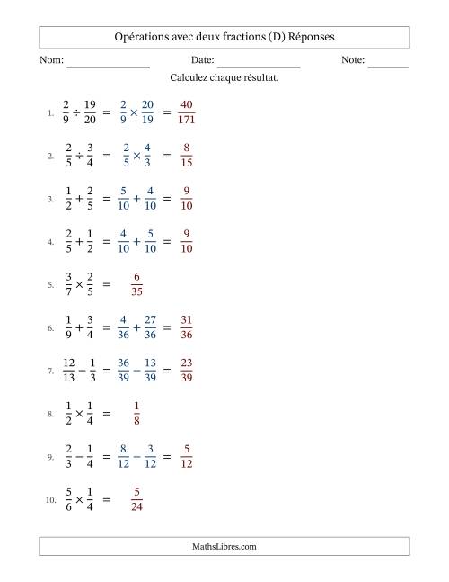 Opérations avec deux fractions propres avec dénominateurs différents, résultats sous fractions propres et sans simplification (Remplissable) (D) page 2