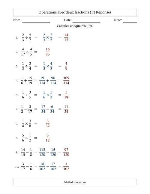 Opérations avec deux fractions propres avec dénominateurs différents, résultats sous fractions propres et sans simplification (Remplissable) (F) page 2