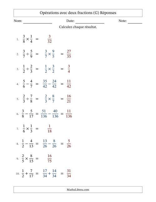 Opérations avec deux fractions propres avec dénominateurs différents, résultats sous fractions propres et sans simplification (Remplissable) (G) page 2
