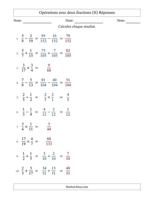 Opérations avec deux fractions propres avec dénominateurs différents, résultats sous fractions propres et sans simplification (Remplissable) (H) page 2
