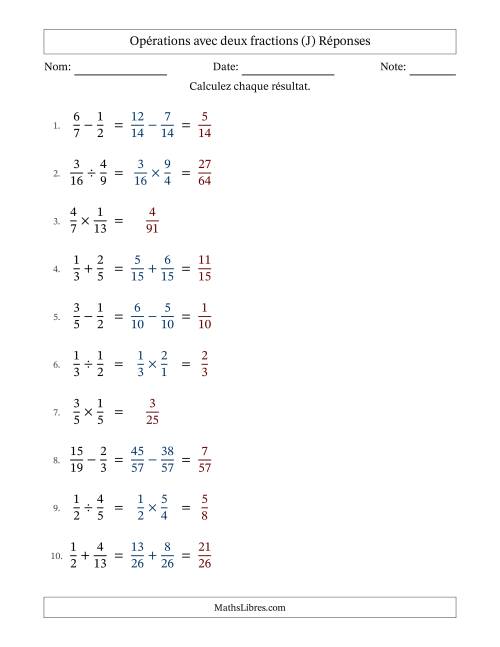 Opérations avec deux fractions propres avec dénominateurs différents, résultats sous fractions propres et sans simplification (Remplissable) (J) page 2