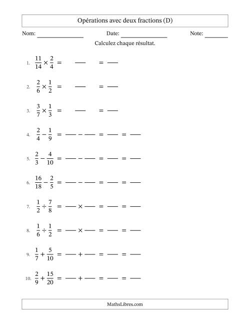 Opérations avec deux fractions propres avec dénominateurs différents, résultats sous fractions propres et simplification dans tous les problèmes (Remplissable) (D)