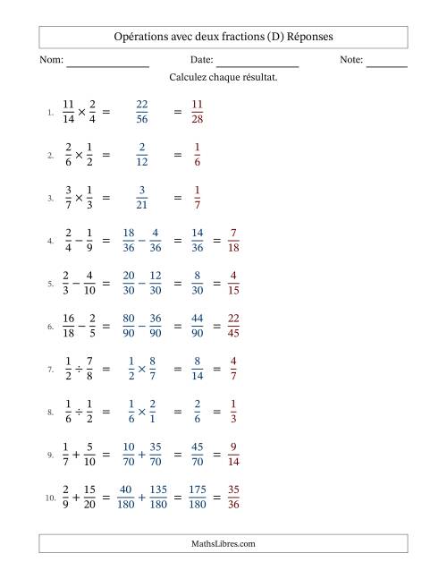 Opérations avec deux fractions propres avec dénominateurs différents, résultats sous fractions propres et simplification dans tous les problèmes (Remplissable) (D) page 2