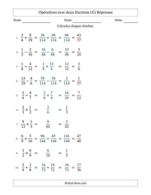 Opérations avec deux fractions propres avec dénominateurs différents, résultats sous fractions propres et simplification dans tous les problèmes (Remplissable) (G) page 2