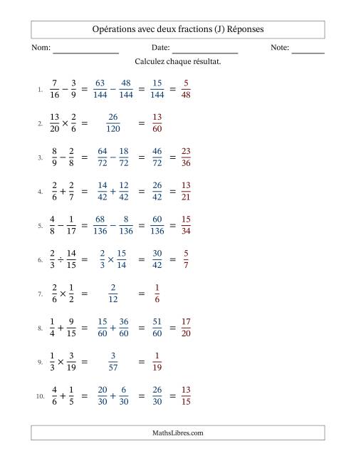 Opérations avec deux fractions propres avec dénominateurs différents, résultats sous fractions propres et simplification dans tous les problèmes (Remplissable) (J) page 2