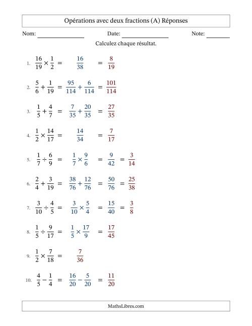 Opérations avec deux fractions propres avec dénominateurs différents, résultats sous fractions propres et quelque simplification (Remplissable) (A) page 2