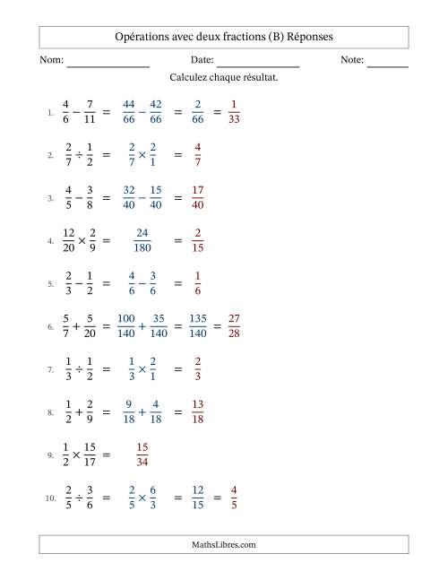 Opérations avec deux fractions propres avec dénominateurs différents, résultats sous fractions propres et quelque simplification (Remplissable) (B) page 2