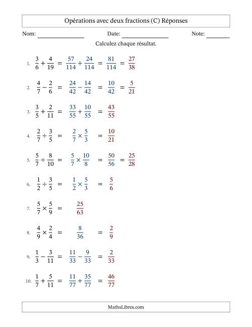 Opérations avec deux fractions propres avec dénominateurs différents, résultats sous fractions propres et quelque simplification (Remplissable) (C) page 2