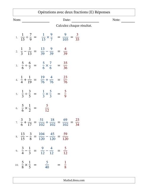 Opérations avec deux fractions propres avec dénominateurs différents, résultats sous fractions propres et quelque simplification (Remplissable) (E) page 2