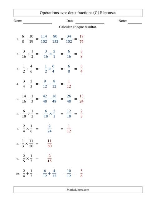Opérations avec deux fractions propres avec dénominateurs différents, résultats sous fractions propres et quelque simplification (Remplissable) (G) page 2