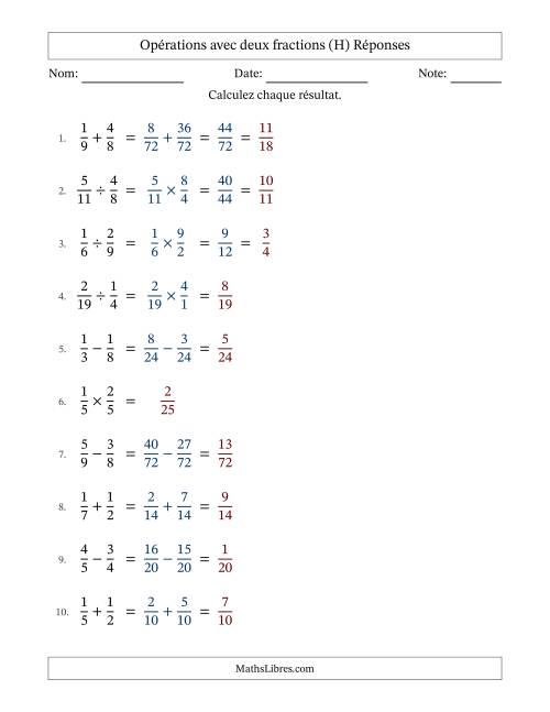 Opérations avec deux fractions propres avec dénominateurs différents, résultats sous fractions propres et quelque simplification (Remplissable) (H) page 2