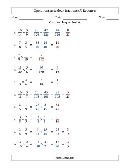 Opérations avec deux fractions propres avec dénominateurs différents, résultats sous fractions propres et quelque simplification (Remplissable) (J) page 2
