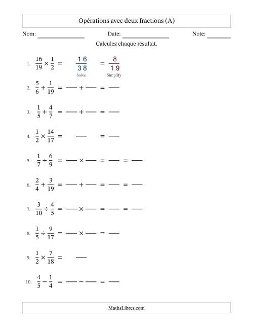 Opérations avec deux fractions propres avec dénominateurs différents, résultats sous fractions propres et quelque simplification (Remplissable) (Tout)