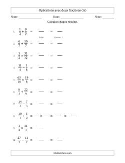 Opérations avec fractions propres et impropres avec dénominateurs égals, résultats sous fractions mixtes et sans simplification (Remplissable)