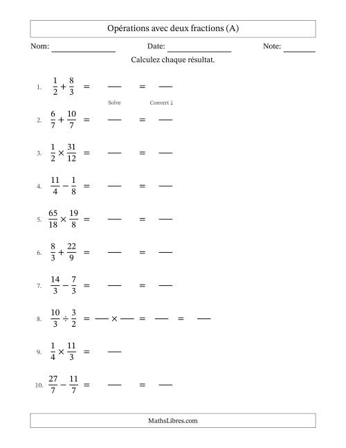 Opérations avec fractions propres et impropres avec dénominateurs égals, résultats sous fractions mixtes et sans simplification (Remplissable) (A)