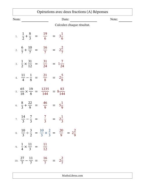 Opérations avec fractions propres et impropres avec dénominateurs égals, résultats sous fractions mixtes et sans simplification (Remplissable) (A) page 2