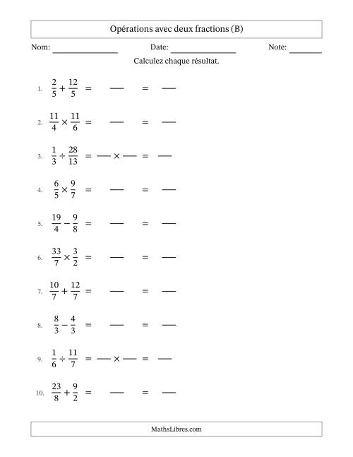 Opérations avec fractions propres et impropres avec dénominateurs égals, résultats sous fractions mixtes et sans simplification (Remplissable) (B)