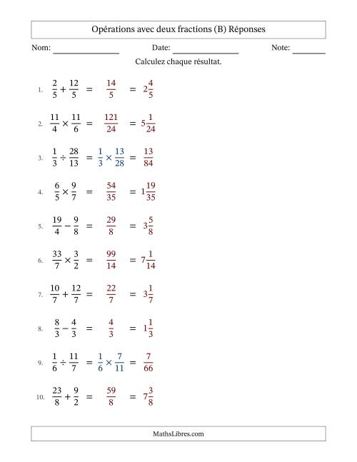 Opérations avec fractions propres et impropres avec dénominateurs égals, résultats sous fractions mixtes et sans simplification (Remplissable) (B) page 2