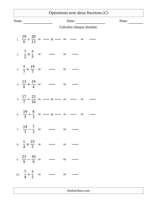 Opérations avec fractions propres et impropres avec dénominateurs égals, résultats sous fractions mixtes et sans simplification (Remplissable) (C)