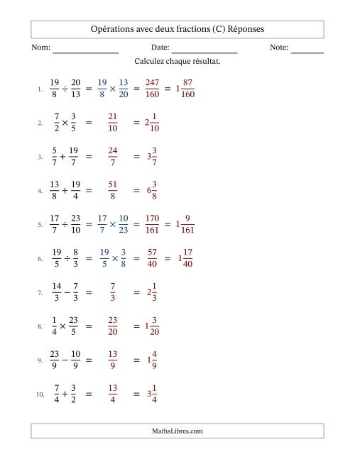 Opérations avec fractions propres et impropres avec dénominateurs égals, résultats sous fractions mixtes et sans simplification (Remplissable) (C) page 2