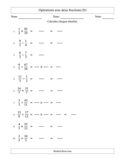 Opérations avec fractions propres et impropres avec dénominateurs égals, résultats sous fractions mixtes et sans simplification (Remplissable) (D)