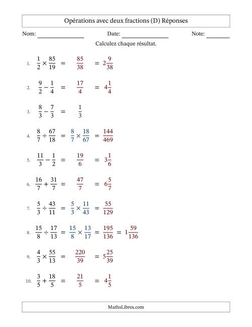 Opérations avec fractions propres et impropres avec dénominateurs égals, résultats sous fractions mixtes et sans simplification (Remplissable) (D) page 2