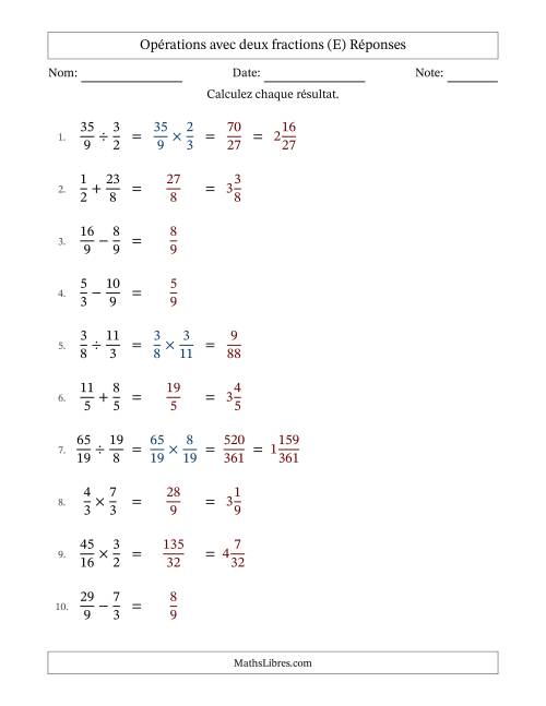 Opérations avec fractions propres et impropres avec dénominateurs égals, résultats sous fractions mixtes et sans simplification (Remplissable) (E) page 2