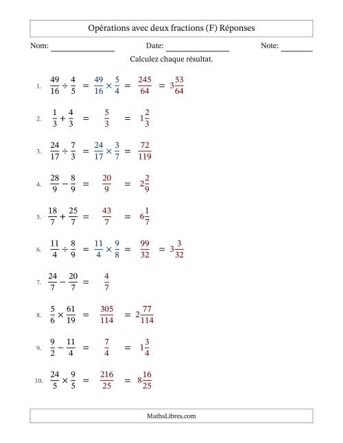Opérations avec fractions propres et impropres avec dénominateurs égals, résultats sous fractions mixtes et sans simplification (Remplissable) (F) page 2
