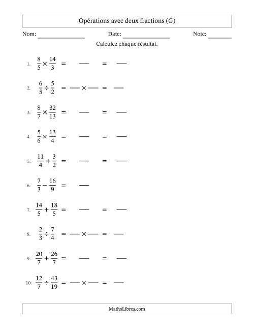 Opérations avec fractions propres et impropres avec dénominateurs égals, résultats sous fractions mixtes et sans simplification (Remplissable) (G)