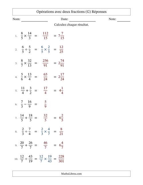 Opérations avec fractions propres et impropres avec dénominateurs égals, résultats sous fractions mixtes et sans simplification (Remplissable) (G) page 2