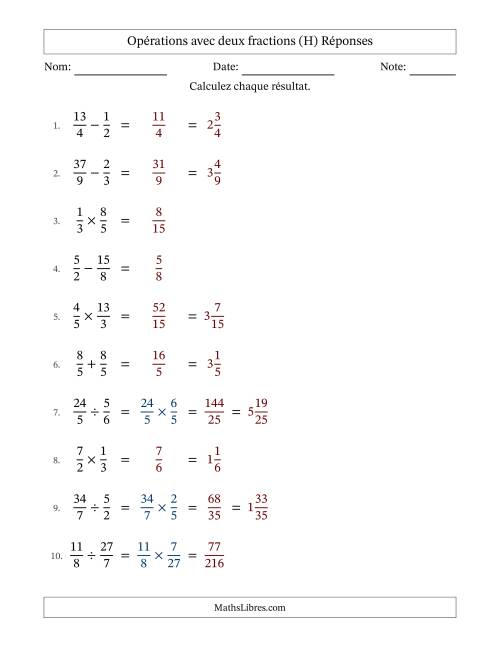 Opérations avec fractions propres et impropres avec dénominateurs égals, résultats sous fractions mixtes et sans simplification (Remplissable) (H) page 2