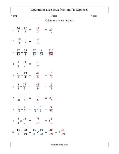 Opérations avec fractions propres et impropres avec dénominateurs égals, résultats sous fractions mixtes et sans simplification (Remplissable) (I) page 2
