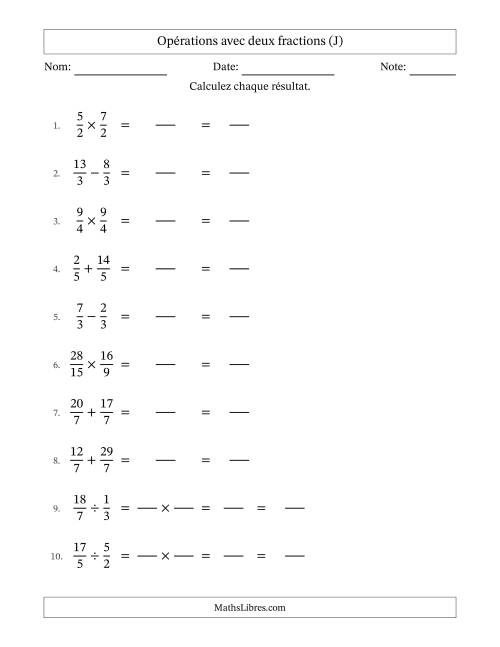 Opérations avec fractions propres et impropres avec dénominateurs égals, résultats sous fractions mixtes et sans simplification (Remplissable) (J)
