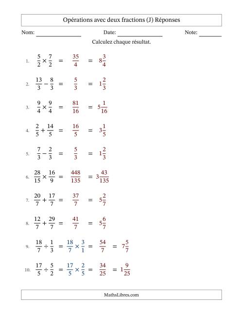 Opérations avec fractions propres et impropres avec dénominateurs égals, résultats sous fractions mixtes et sans simplification (Remplissable) (J) page 2