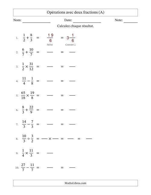 Opérations avec fractions propres et impropres avec dénominateurs égals, résultats sous fractions mixtes et sans simplification (Remplissable) (Tout)