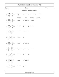 Opérations avec fractions propres et impropres avec dénominateurs égals, résultats sous fractions mixtes et simplification dans tous les problèmes (Remplissable)