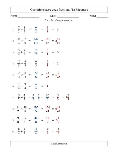 Opérations avec fractions propres et impropres avec dénominateurs égals, résultats sous fractions mixtes et simplification dans tous les problèmes (Remplissable) (B) page 2