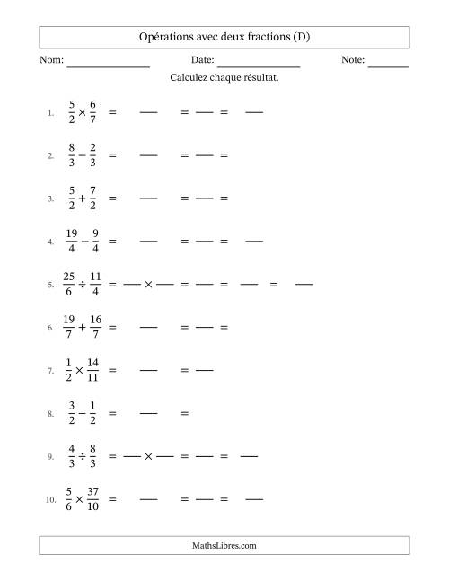 Opérations avec fractions propres et impropres avec dénominateurs égals, résultats sous fractions mixtes et simplification dans tous les problèmes (Remplissable) (D)