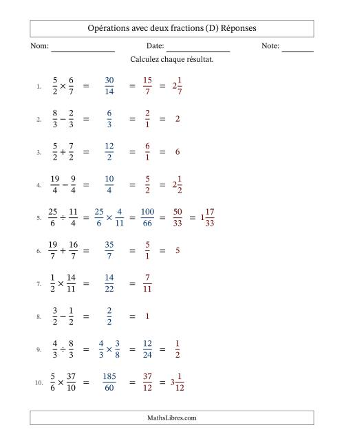 Opérations avec fractions propres et impropres avec dénominateurs égals, résultats sous fractions mixtes et simplification dans tous les problèmes (Remplissable) (D) page 2