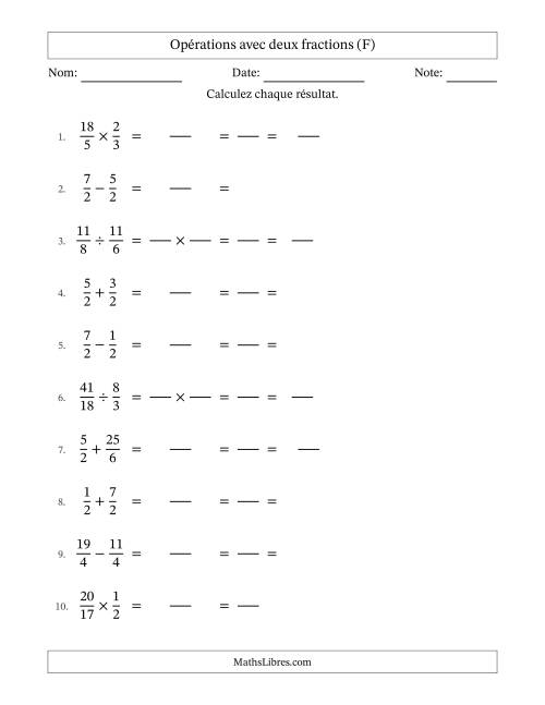 Opérations avec fractions propres et impropres avec dénominateurs égals, résultats sous fractions mixtes et simplification dans tous les problèmes (Remplissable) (F)
