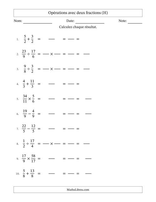 Opérations avec fractions propres et impropres avec dénominateurs égals, résultats sous fractions mixtes et simplification dans tous les problèmes (Remplissable) (H)