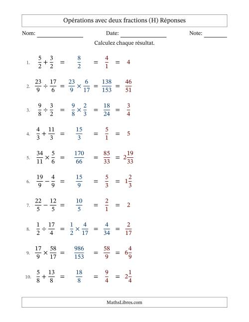 Opérations avec fractions propres et impropres avec dénominateurs égals, résultats sous fractions mixtes et simplification dans tous les problèmes (Remplissable) (H) page 2