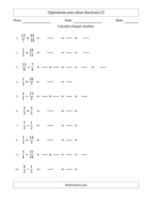 Opérations avec fractions propres et impropres avec dénominateurs égals, résultats sous fractions mixtes et simplification dans tous les problèmes (Remplissable) (J)